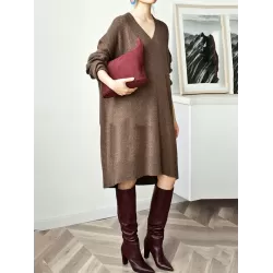 Stylish Long Sleeves Loose Solid Color V-Neck Sweater Dresses