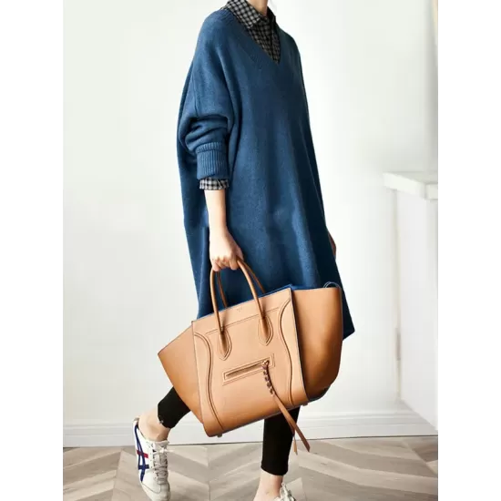 Stylish Long Sleeves Loose Solid Color V-Neck Sweater Dresses