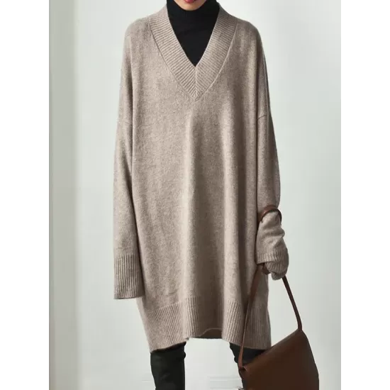 Stylish Long Sleeves Loose Solid Color V-Neck Sweater Dresses