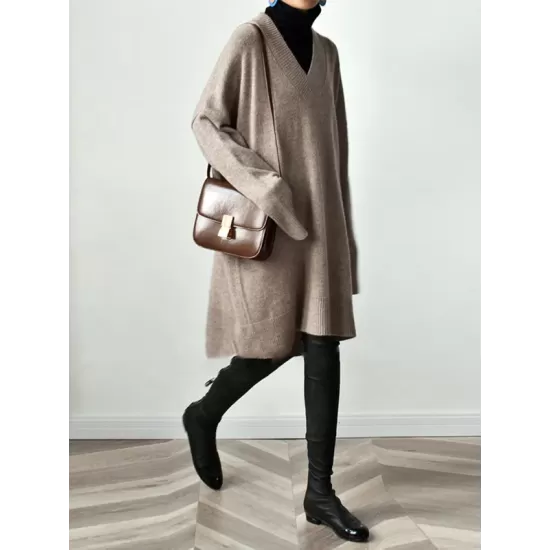 Stylish Long Sleeves Loose Solid Color V-Neck Sweater Dresses