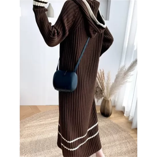 Urban Long Sleeves Loose Striped V-Neck Hooded Sweater Dresses