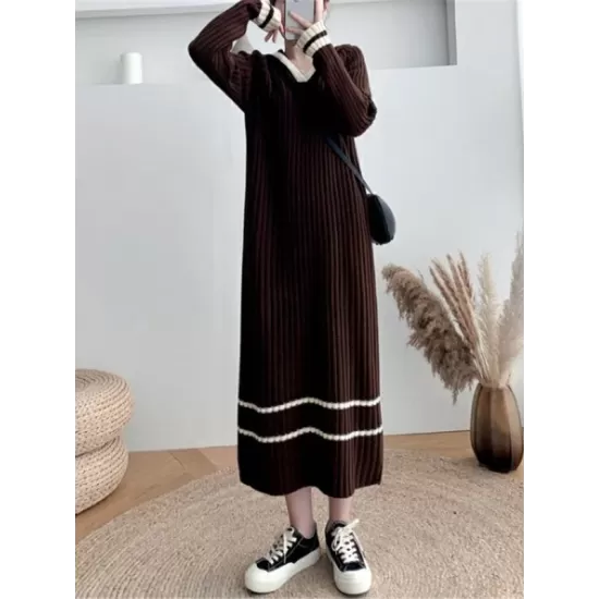 Urban Long Sleeves Loose Striped V-Neck Hooded Sweater Dresses