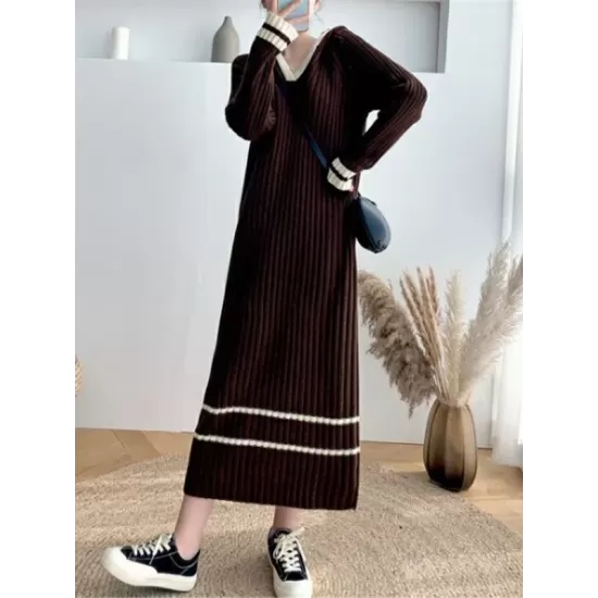 Urban Long Sleeves Loose Striped V-Neck Hooded Sweater Dresses