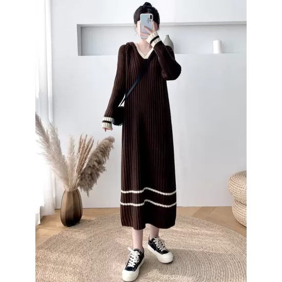 Urban Long Sleeves Loose Striped V-Neck Hooded Sweater Dresses