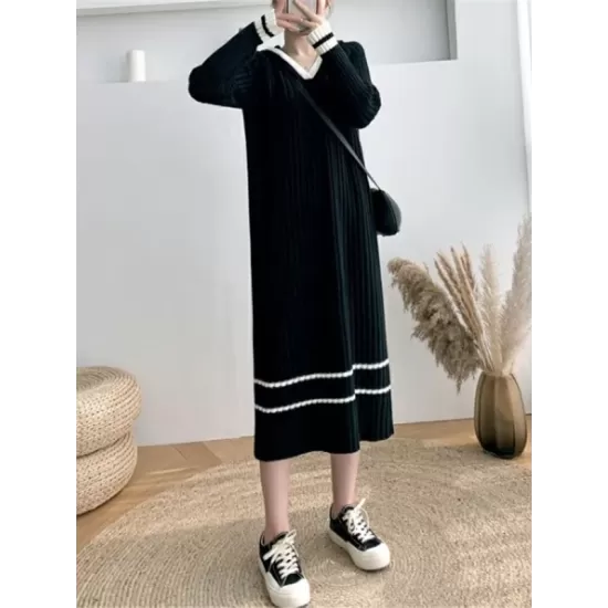 Urban Long Sleeves Loose Striped V-Neck Hooded Sweater Dresses