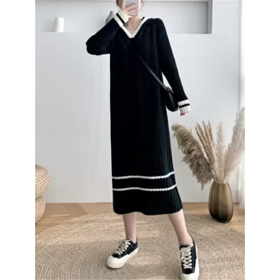 Urban Long Sleeves Loose Striped V-Neck Hooded Sweater Dresses