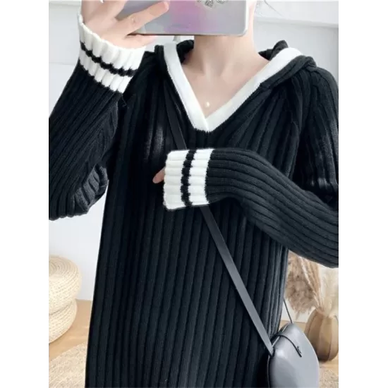 Urban Long Sleeves Loose Striped V-Neck Hooded Sweater Dresses