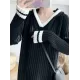 Urban Long Sleeves Loose Striped V-Neck Hooded Sweater Dresses