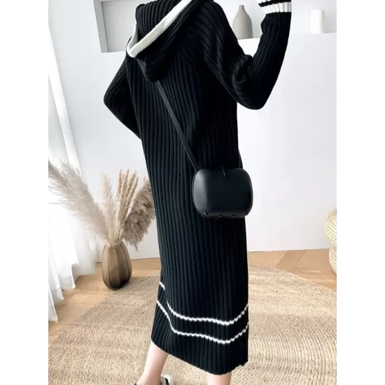 Urban Long Sleeves Loose Striped V-Neck Hooded Sweater Dresses