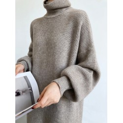 Urban Loose Puff Sleeves Solid Color High-Neck Sweater Dresses