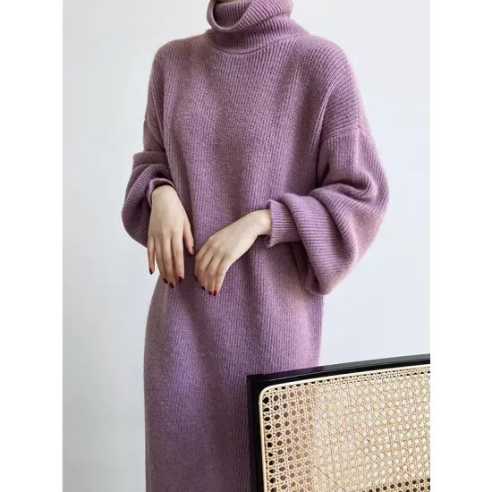 Urban Loose Puff Sleeves Solid Color High-Neck Sweater Dresses