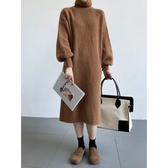 Urban Loose Puff Sleeves Solid Color High-Neck Sweater Dresses