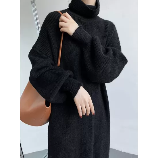 Urban Loose Puff Sleeves Solid Color High-Neck Sweater Dresses