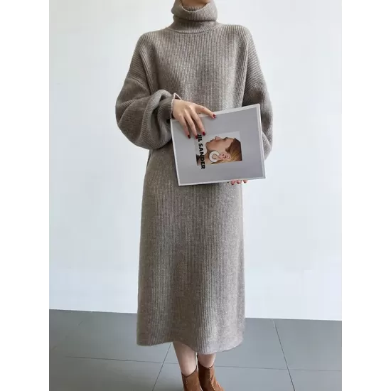 Urban Loose Puff Sleeves Solid Color High-Neck Sweater Dresses