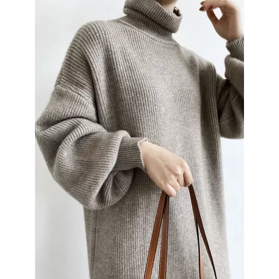 Urban Loose Puff Sleeves Solid Color High-Neck Sweater Dresses