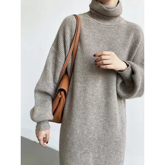 Urban Loose Puff Sleeves Solid Color High-Neck Sweater Dresses