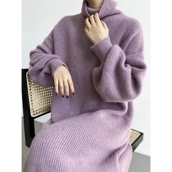 Urban Loose Puff Sleeves Solid Color High-Neck Sweater Dresses