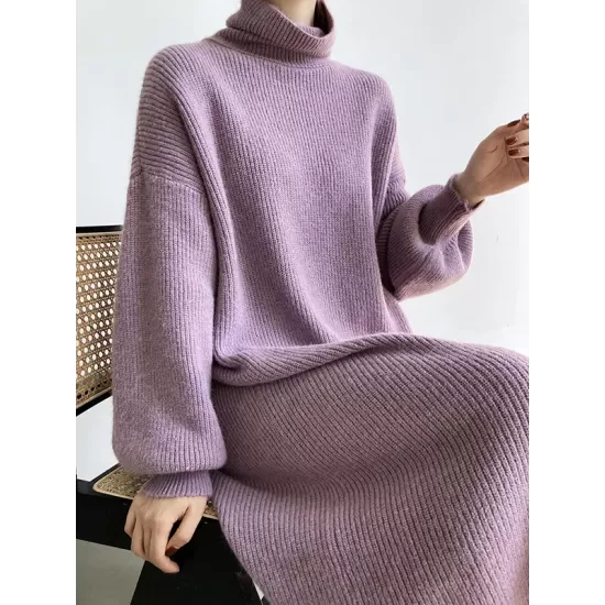 Urban Loose Puff Sleeves Solid Color High-Neck Sweater Dresses