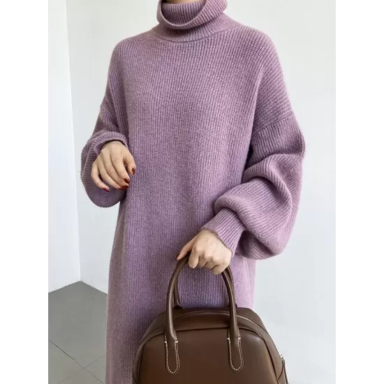 Urban Loose Puff Sleeves Solid Color High-Neck Sweater Dresses