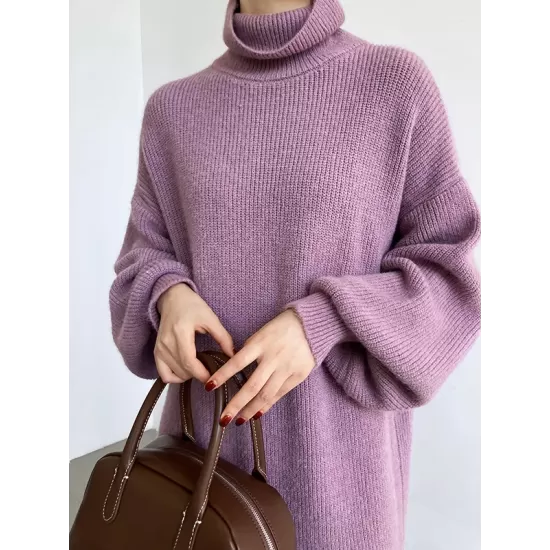 Urban Loose Puff Sleeves Solid Color High-Neck Sweater Dresses