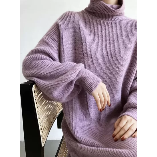 Urban Loose Puff Sleeves Solid Color High-Neck Sweater Dresses