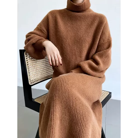 Urban Loose Puff Sleeves Solid Color High-Neck Sweater Dresses