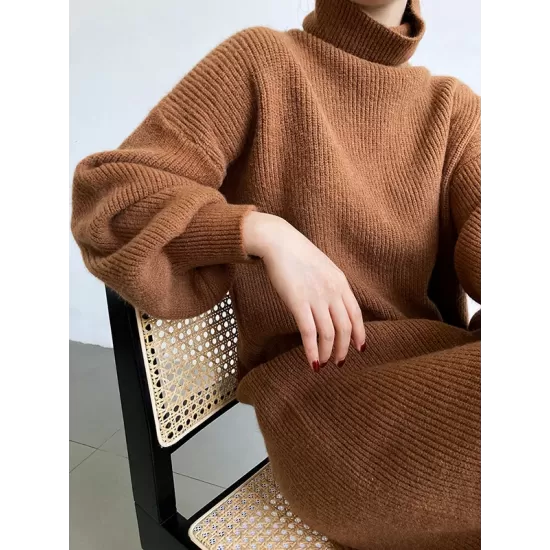 Urban Loose Puff Sleeves Solid Color High-Neck Sweater Dresses