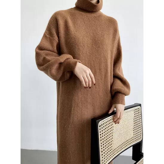 Urban Loose Puff Sleeves Solid Color High-Neck Sweater Dresses