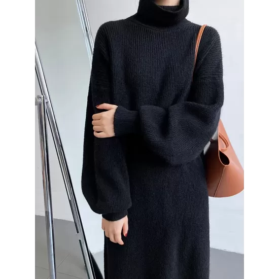 Urban Loose Puff Sleeves Solid Color High-Neck Sweater Dresses