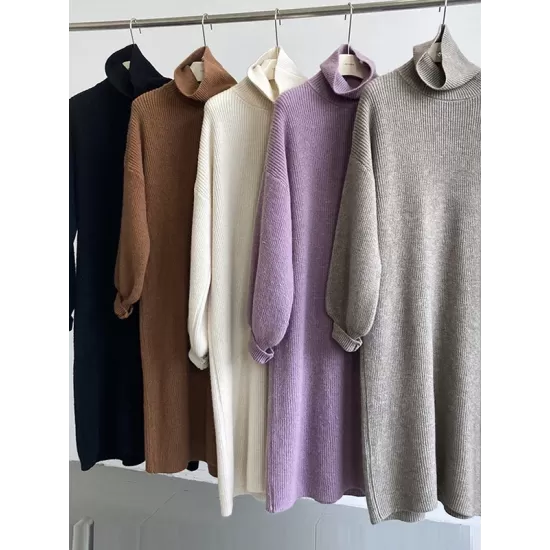 Urban Loose Puff Sleeves Solid Color High-Neck Sweater Dresses