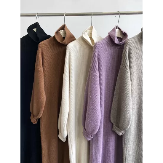 Urban Loose Puff Sleeves Solid Color High-Neck Sweater Dresses