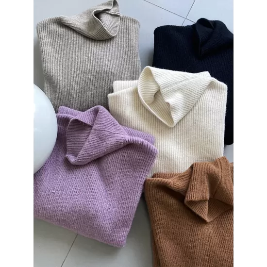 Urban Loose Puff Sleeves Solid Color High-Neck Sweater Dresses