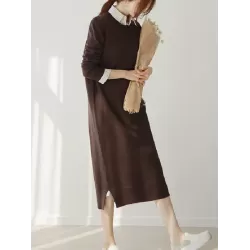 Urban Long Sleeves Loose Split-Side Solid Color Round-Neck Sweater Dresses