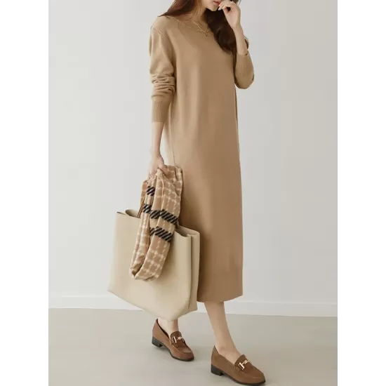 Urban Long Sleeves Loose Split-Side Solid Color Round-Neck Sweater Dresses