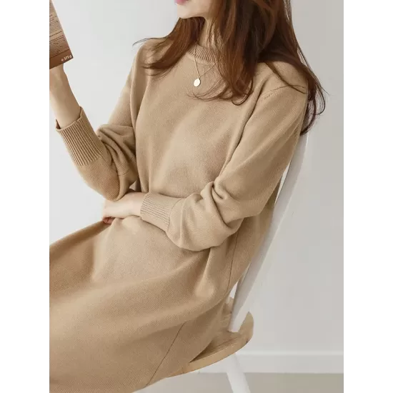 Urban Long Sleeves Loose Split-Side Solid Color Round-Neck Sweater Dresses