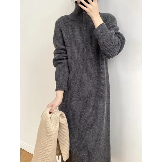 Casual Loose Long Sleeves Solid Color Zipper High-Neck Sweater Dresses