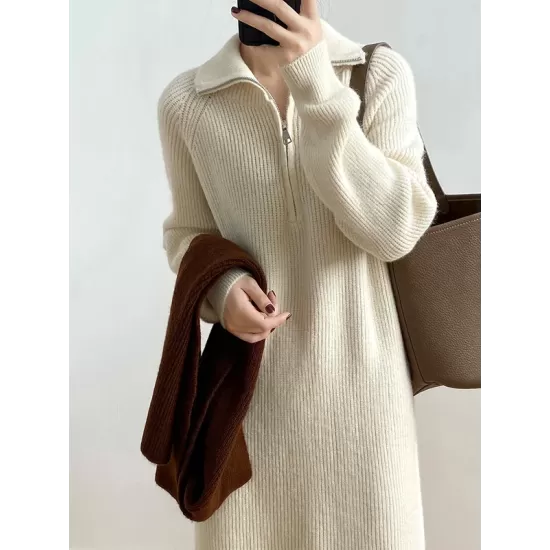 Casual Loose Long Sleeves Solid Color Zipper High-Neck Sweater Dresses