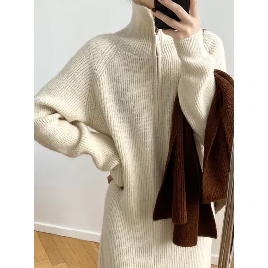 Casual Loose Long Sleeves Solid Color Zipper High-Neck Sweater Dresses