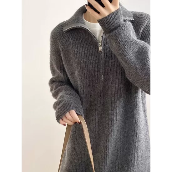 Casual Loose Long Sleeves Solid Color Zipper High-Neck Sweater Dresses