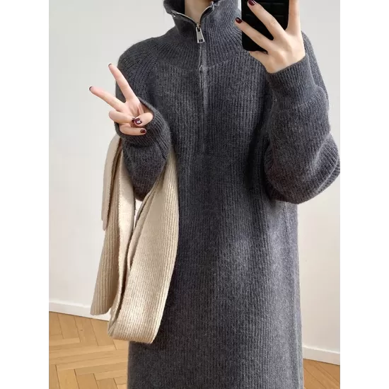 Casual Loose Long Sleeves Solid Color Zipper High-Neck Sweater Dresses