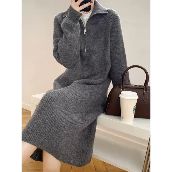 Casual Loose Long Sleeves Solid Color Zipper High-Neck Sweater Dresses