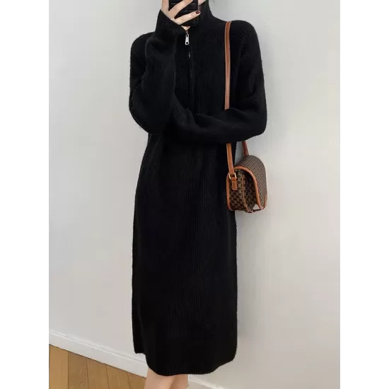 Casual Loose Long Sleeves Solid Color Zipper High-Neck Sweater Dresses