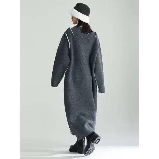 Casual Long Sleeves Loose Solid Color Round-Neck Sweater Dresses