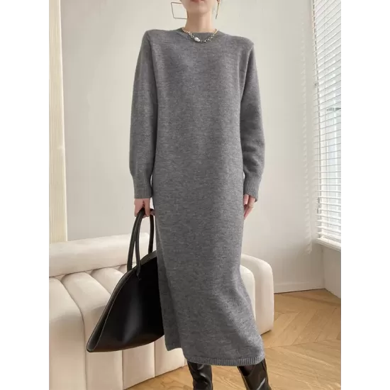 Urban Loose Long Sleeves Solid Color Round-Neck Sweater Dresses