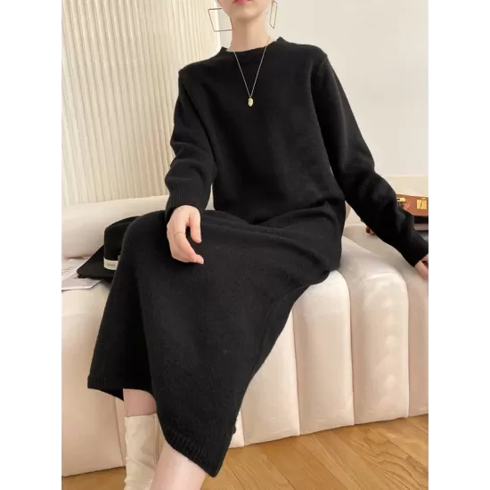 Urban Loose Long Sleeves Solid Color Round-Neck Sweater Dresses