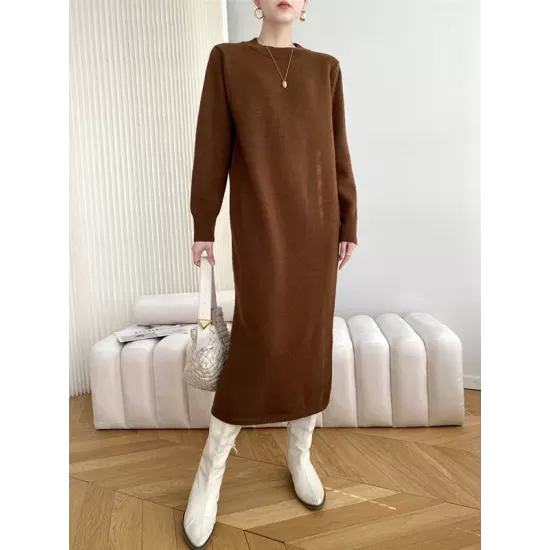 Urban Loose Long Sleeves Solid Color Round-Neck Sweater Dresses