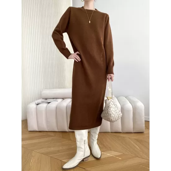 Urban Loose Long Sleeves Solid Color Round-Neck Sweater Dresses