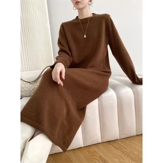 Urban Loose Long Sleeves Solid Color Round-Neck Sweater Dresses