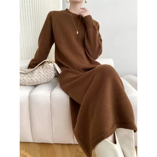 Urban Loose Long Sleeves Solid Color Round-Neck Sweater Dresses