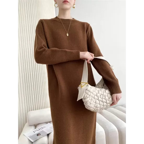 Urban Loose Long Sleeves Solid Color Round-Neck Sweater Dresses